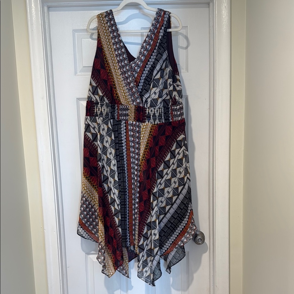 dressbarn Asymmetrical Dress with Geometric Patterns - Red, Black, White, Gold